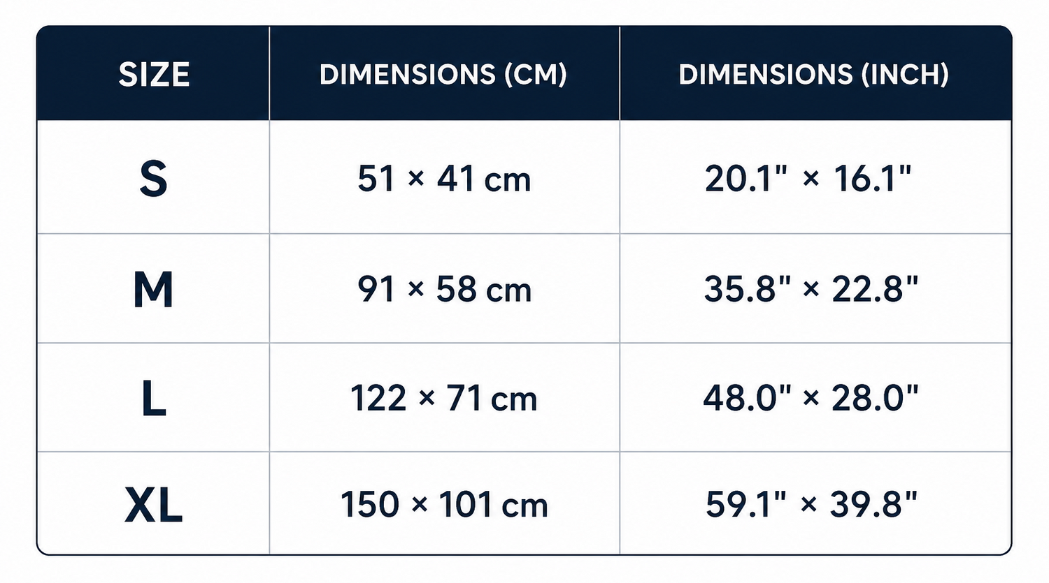 Size chart for fabric dimensions in centimeters and inches
